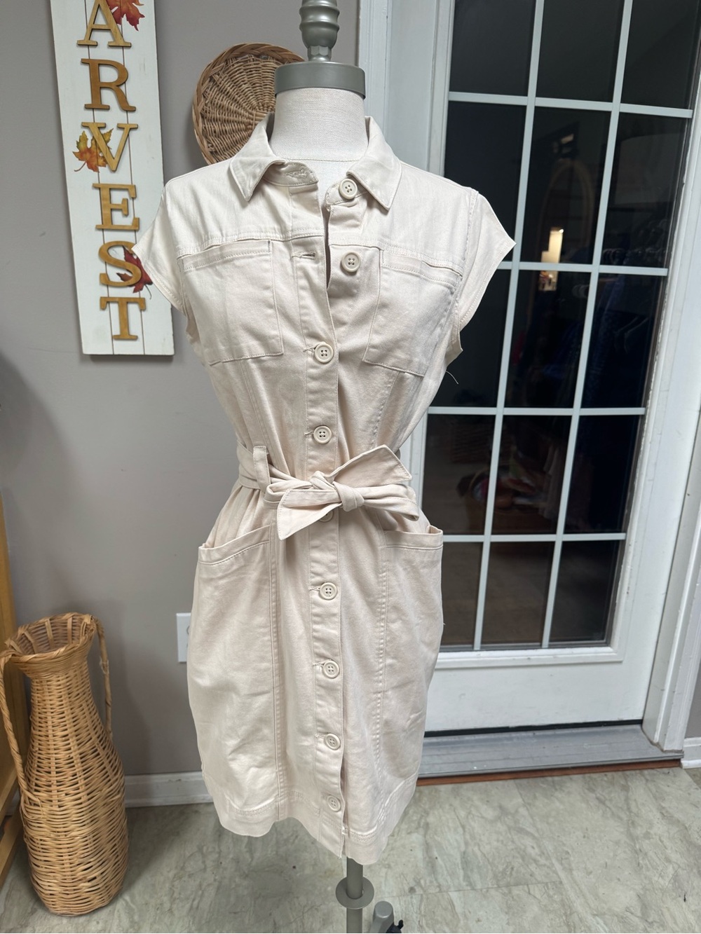 NWT Hunter & Brown Premium Utility Shirt Dress Button Up Belted Cream Size M